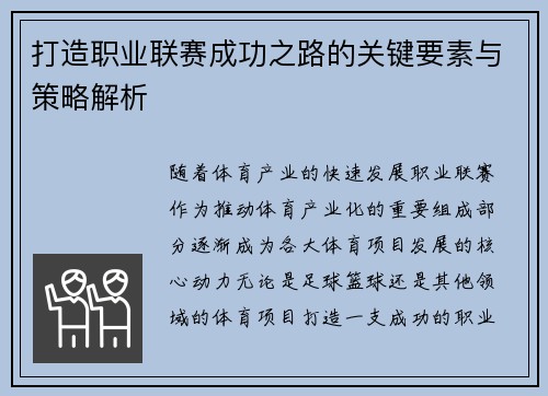 打造职业联赛成功之路的关键要素与策略解析 打造职业联赛成功之路的关键要素与策略解析