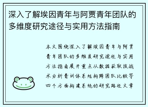 深入了解埃因青年与阿贾青年团队的多维度研究途径与实用方法指南