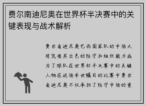 费尔南迪尼奥在世界杯半决赛中的关键表现与战术解析 费尔南迪尼奥在世界杯半决赛中的关键表现与战术解析