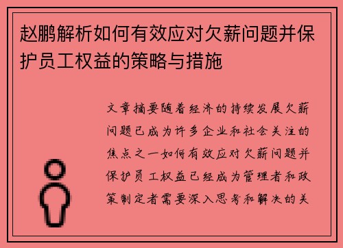 赵鹏解析如何有效应对欠薪问题并保护员工权益的策略与措施 赵鹏解析如何有效应对欠薪问题并保护员工权益的策略与措施